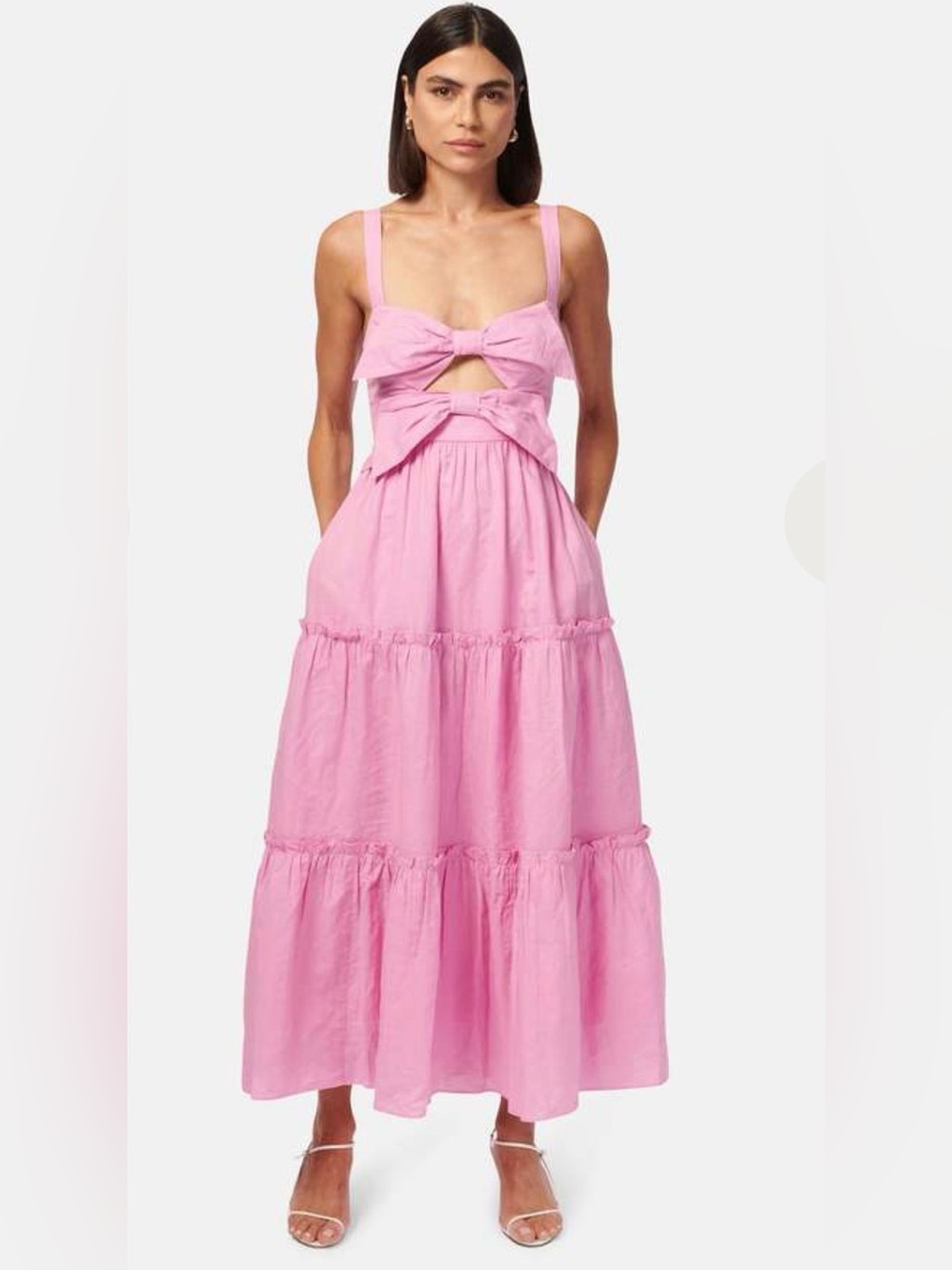 CAMI NYC Pink Kaylyn Sleeveless Bow Tiered Cutout Midi Dress Size Small